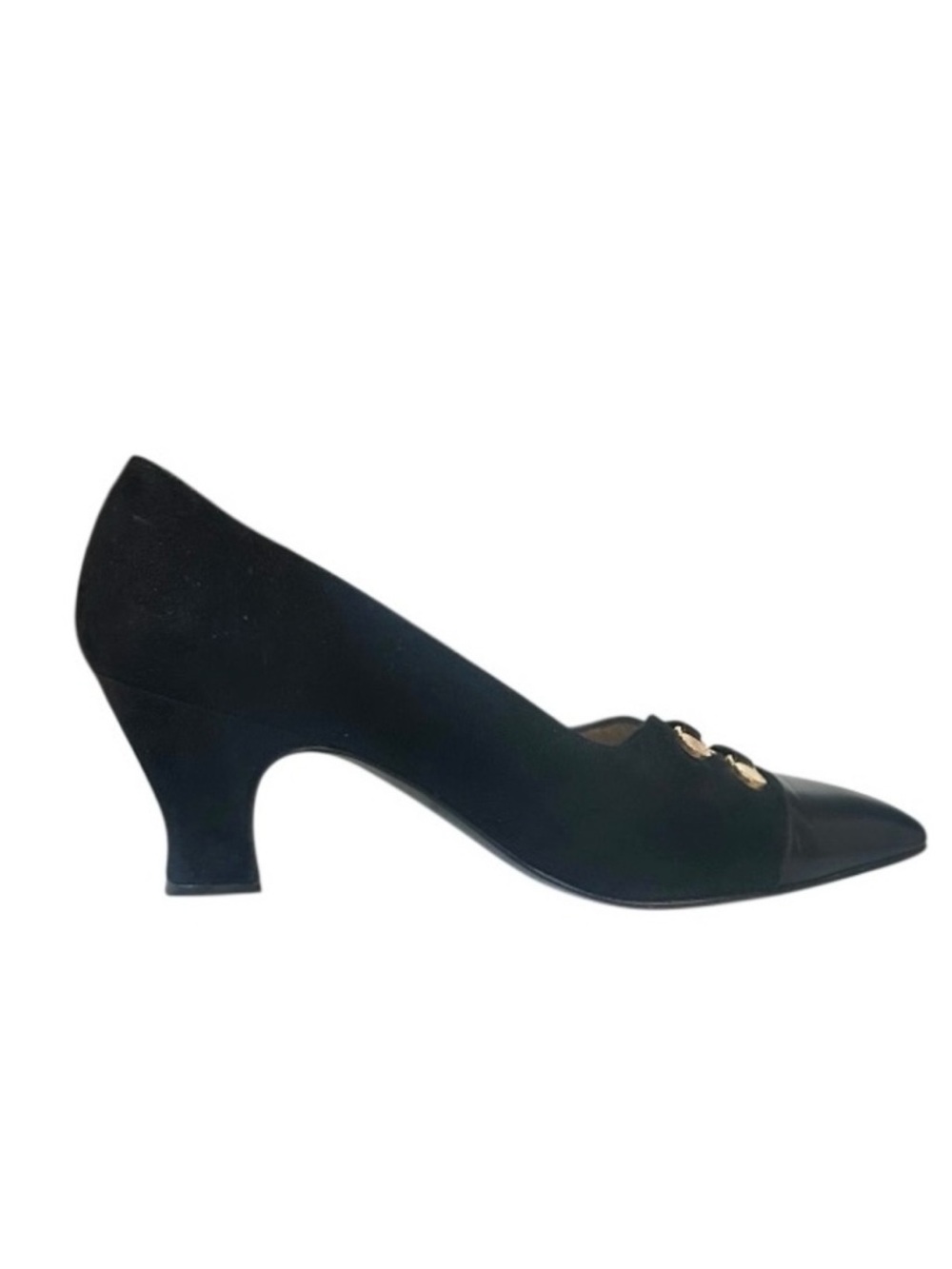 St. John Black Suede Leather Cap Toe Heels with Goldtone Hardware Size 7.5 - Picture 5 of 10